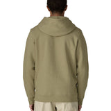 Back of Man wearing Patagonia's P-6 Logo Uprisal Hoody in a pale green with the hood down. Hoody has a relaxed fit and sits at the hips