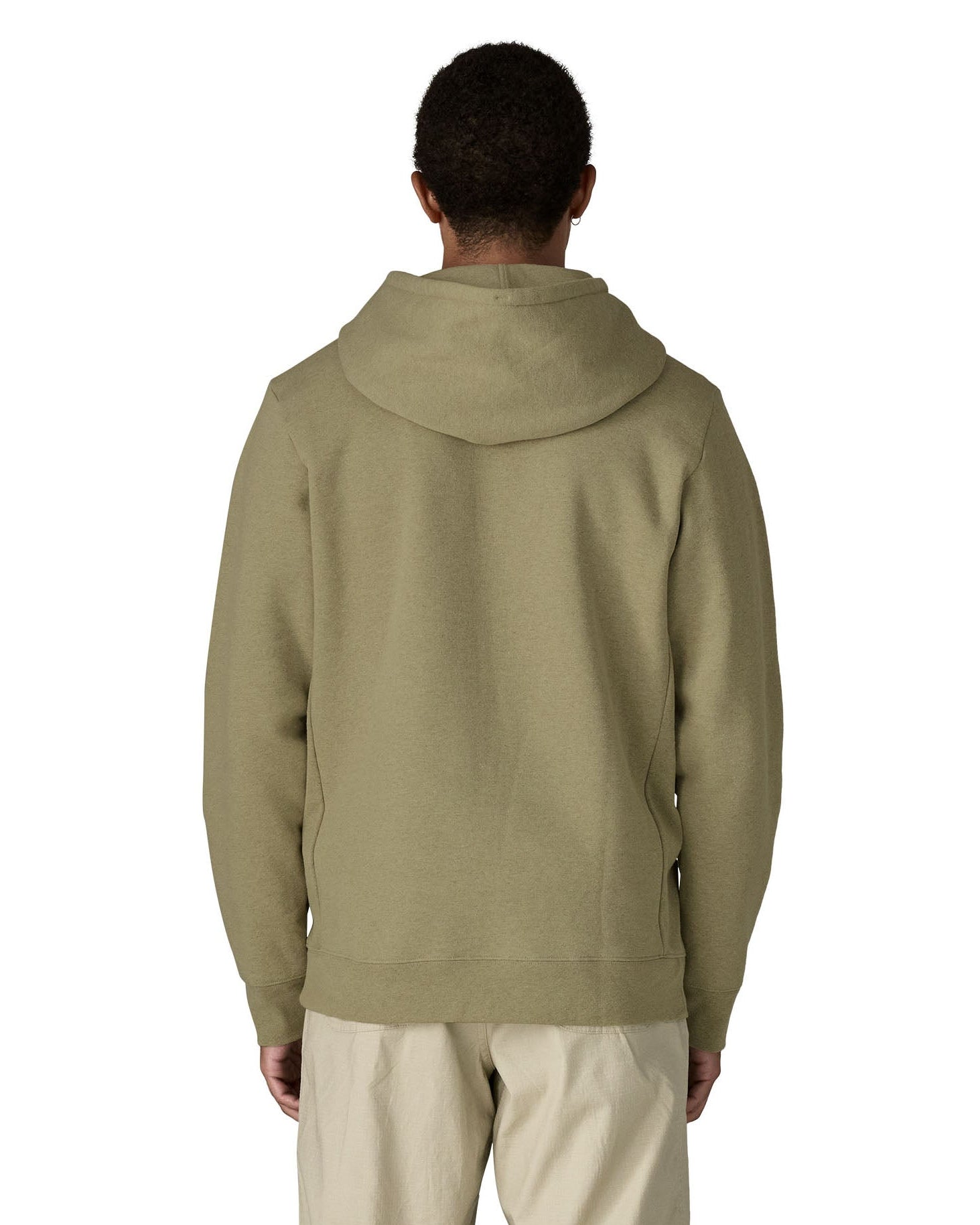 Back of Man wearing Patagonia's P-6 Logo Uprisal Hoody in a pale green with the hood down. Hoody has a relaxed fit and sits at the hips
