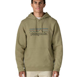 Front of man wearing Patagonia's P-6 Logo Uprisal Hoody in a pale green with the hood down. Hoody has a relaxed fit