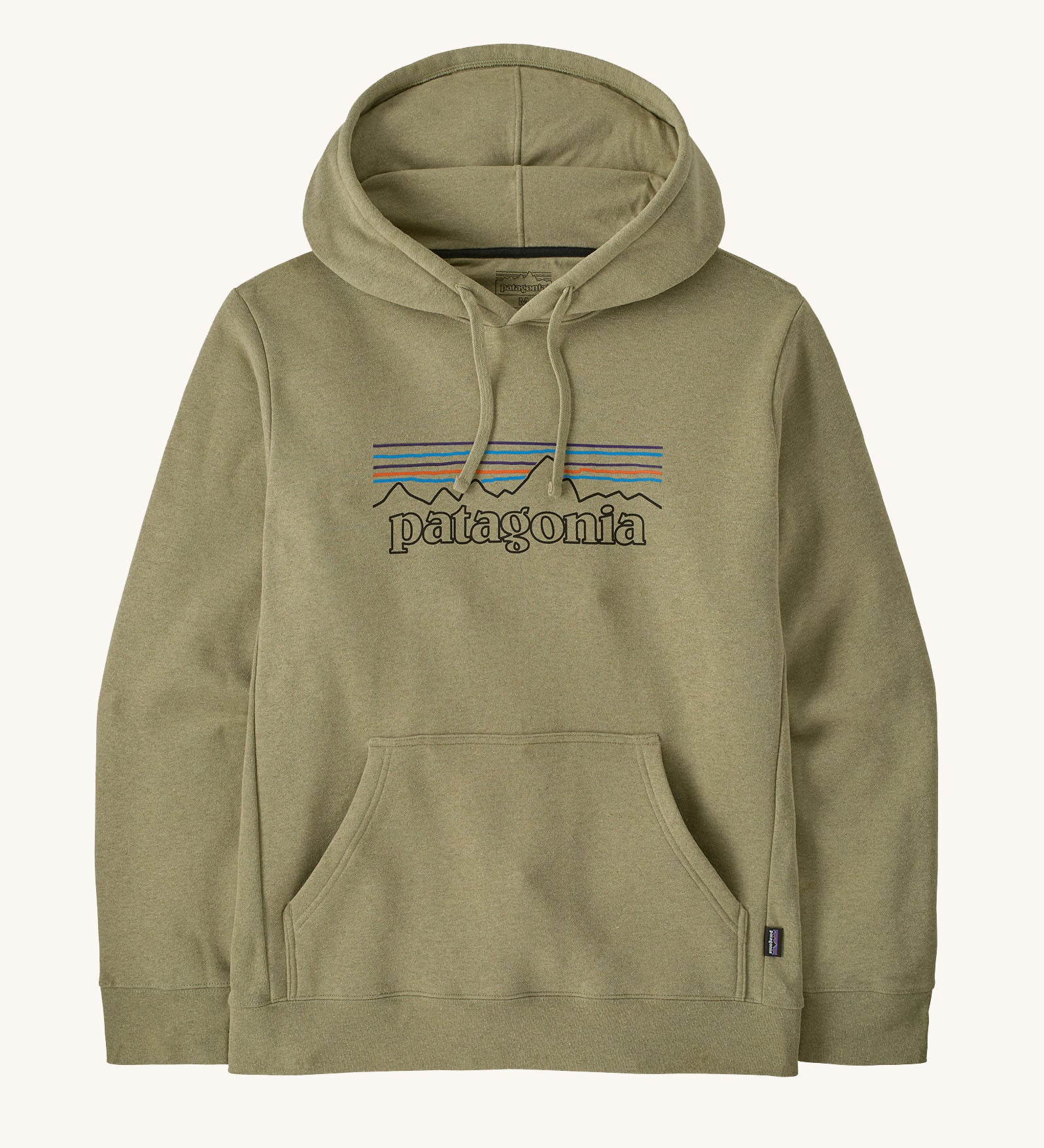Patagonia Adult P-6 Logo Uprisal Hoody in a pale green with brand patch on front upper body and pouch pocket. 