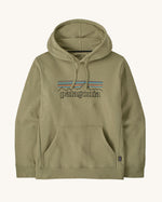 Patagonia Adult P-6 Logo Uprisal Hoody in a pale green with brand patch on front upper body and pouch pocket. 