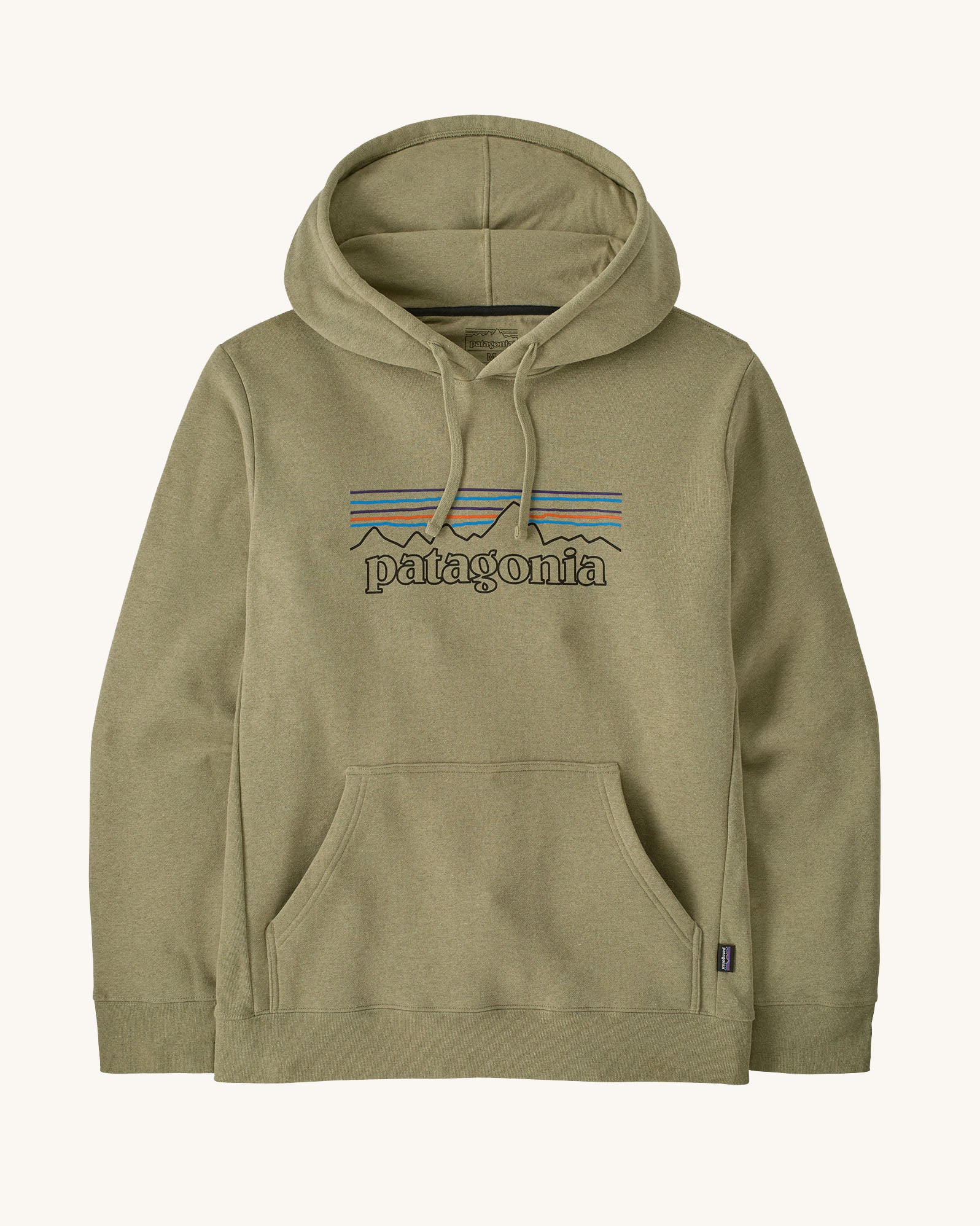 Patagonia Adult P-6 Logo Uprisal Hoody in a pale green with brand patch on front upper body and pouch pocket. 