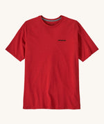 Patagonia men's logo t-shirt in amanita red. A short sleeve top with a brand text printed on the chest available at Babipur.