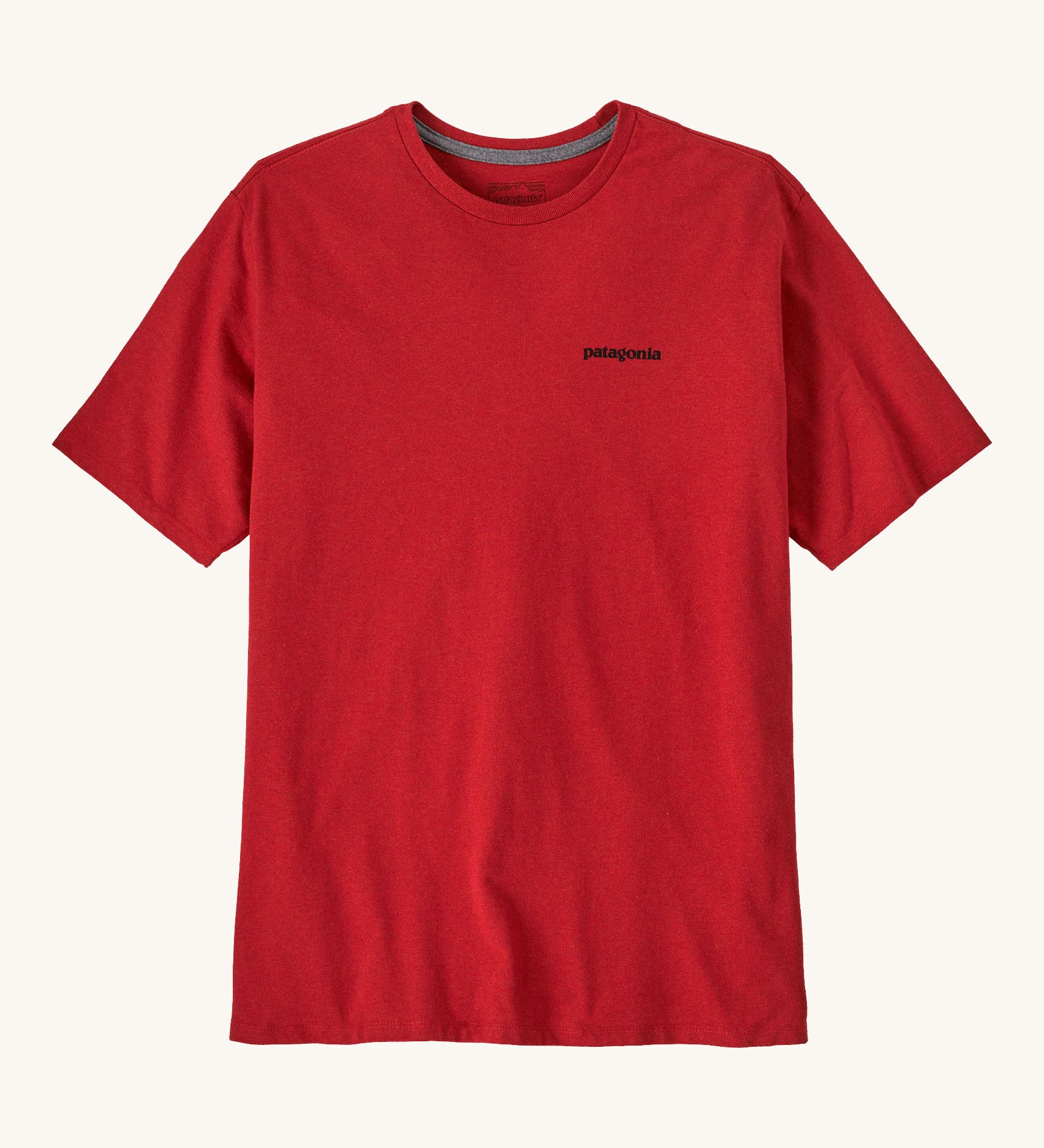 Patagonia men's logo t-shirt in amanita red. A short sleeve top with a brand text printed on the chest available at Babipur.