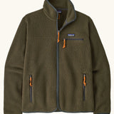 Patagonia men's retro pile fleece jacket in basin green with grey trim. Features a full front zip, chest and side pockets