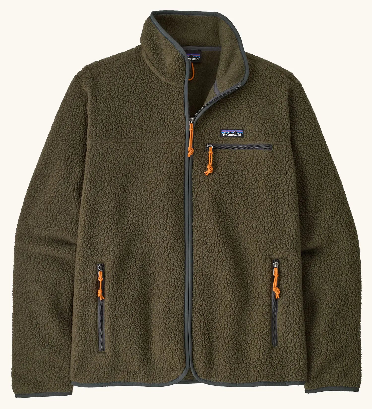 Patagonia men's retro pile fleece jacket in basin green with grey trim. Features a full front zip, chest and side pockets