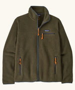 Patagonia men's retro pile fleece jacket in basin green with grey trim. Features a full front zip, chest and side pockets