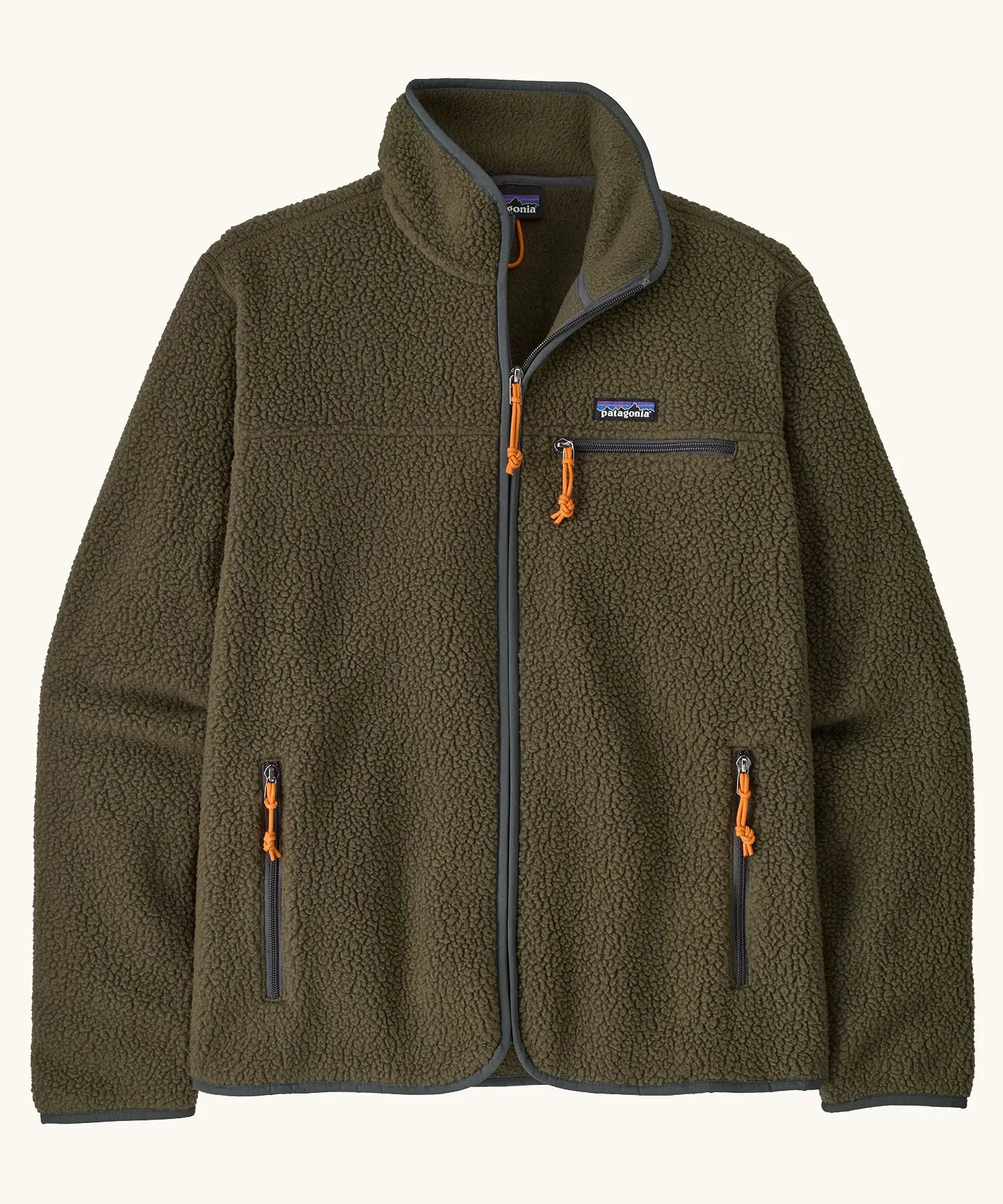 Patagonia men's retro pile fleece jacket in basin green with grey trim. Features a full front zip, chest and side pockets