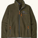 Patagonia men's retro pile fleece jacket in basin green with grey trim. Features a full front zip, chest and side pockets