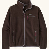 Patagonia men's retro pile fleece jacket in den brown with grey trim. Features a full front zip, chest and side pockets