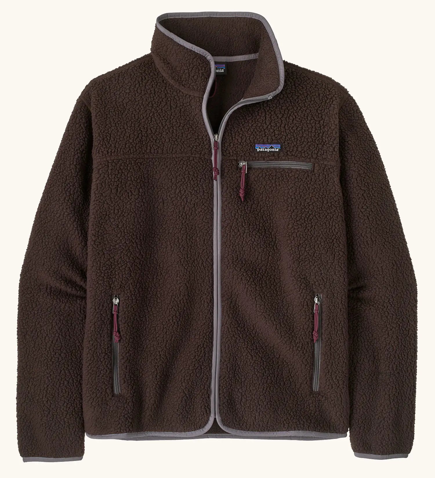 Patagonia men's retro pile fleece jacket in den brown with grey trim. Features a full front zip, chest and side pockets