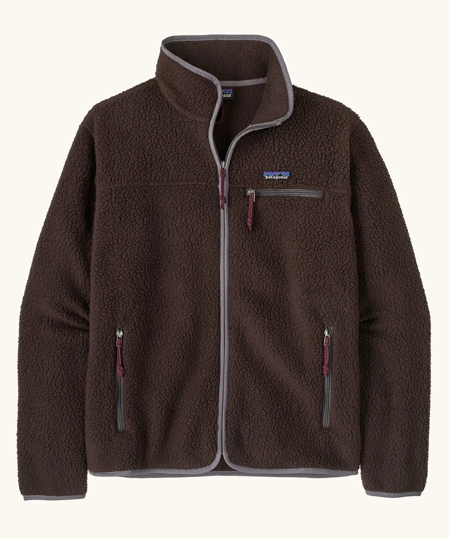 Patagonia men's retro pile fleece jacket in den brown with grey trim. Features a full front zip, chest and side pockets