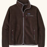 Patagonia men's retro pile fleece jacket in den brown with grey trim. Features a full front zip, chest and side pockets
