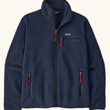 Patagonia men's retro pile fleece jacket in new navy with black trim. Features a full front zip, chest and side pockets