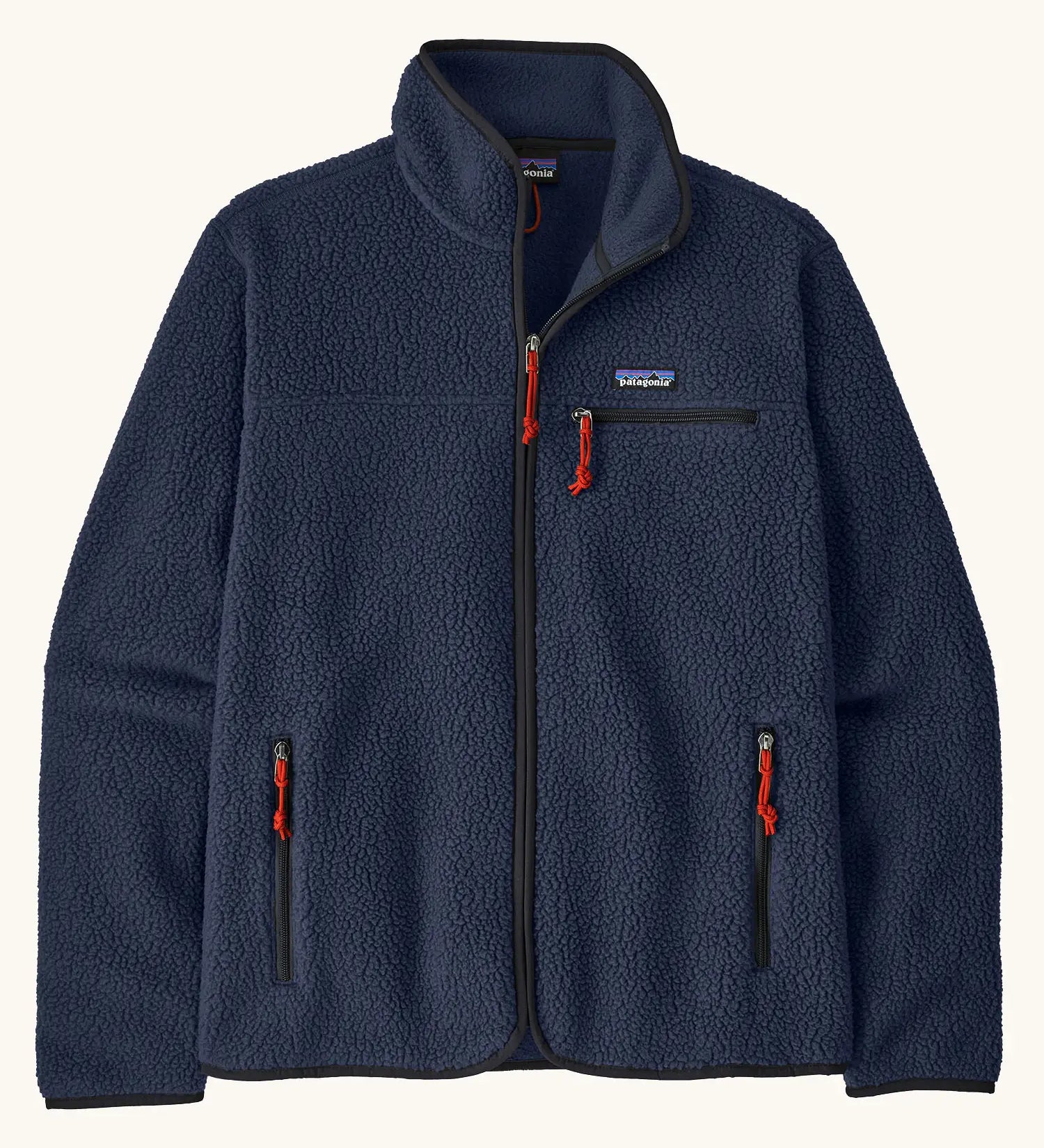 Patagonia men's retro pile fleece jacket in new navy with black trim. Features a full front zip, chest and side pockets