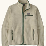 Patagonia men's retro pile fleece jacket in beige with green. Features a full front zip, chest and side pockets