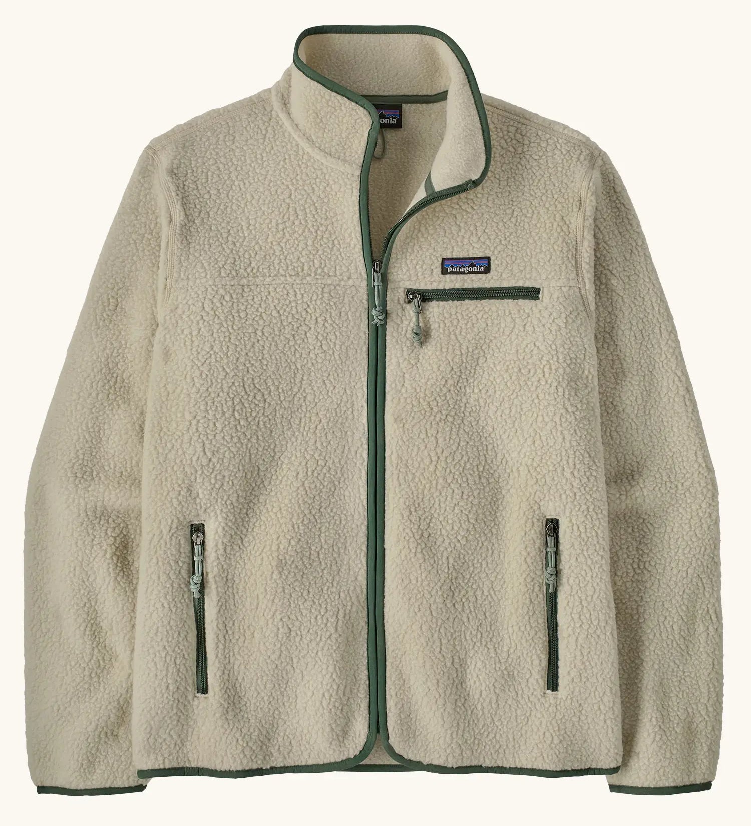 Patagonia men's retro pile fleece jacket in beige with green. Features a full front zip, chest and side pockets