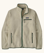 Patagonia men's retro pile fleece jacket in beige with green. Features a full front zip, chest and side pockets