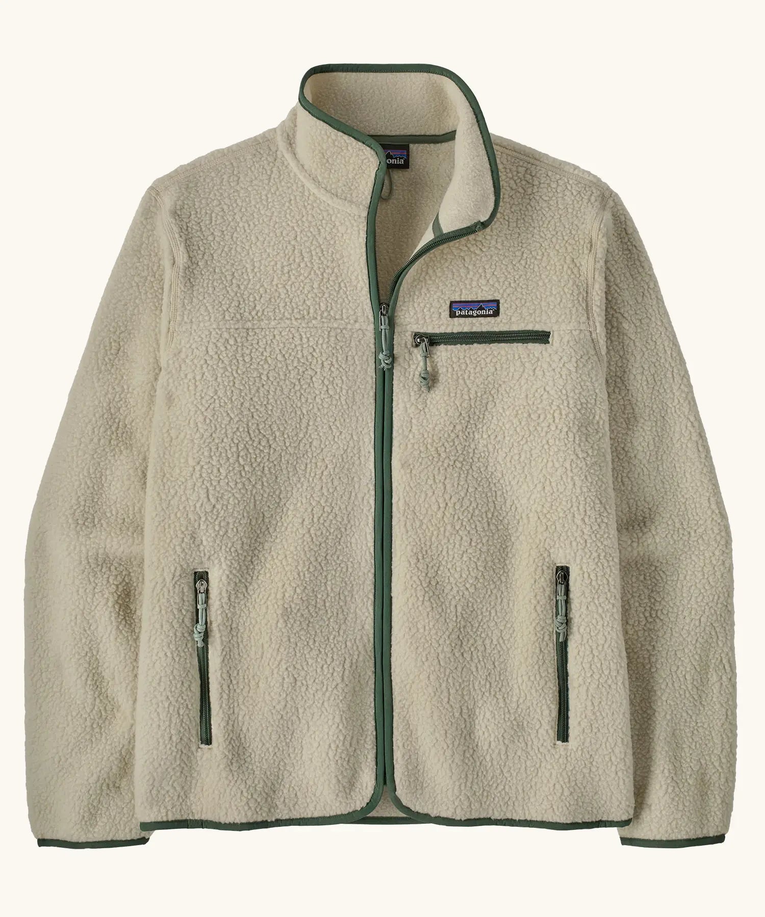Patagonia men's retro pile fleece jacket in beige with green. Features a full front zip, chest and side pockets
