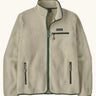 Patagonia men's retro pile fleece jacket in beige with green. Features a full front zip, chest and side pockets