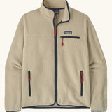 Patagonia men's retro pile fleece jacket in beige with navy trim. Features a full front zip, chest and side pockets