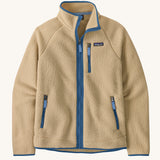 Patagonia Men's thick fleece jacket in a tan colour with blue trim. Features a full length front zip, side pockets and a zipped pocket.