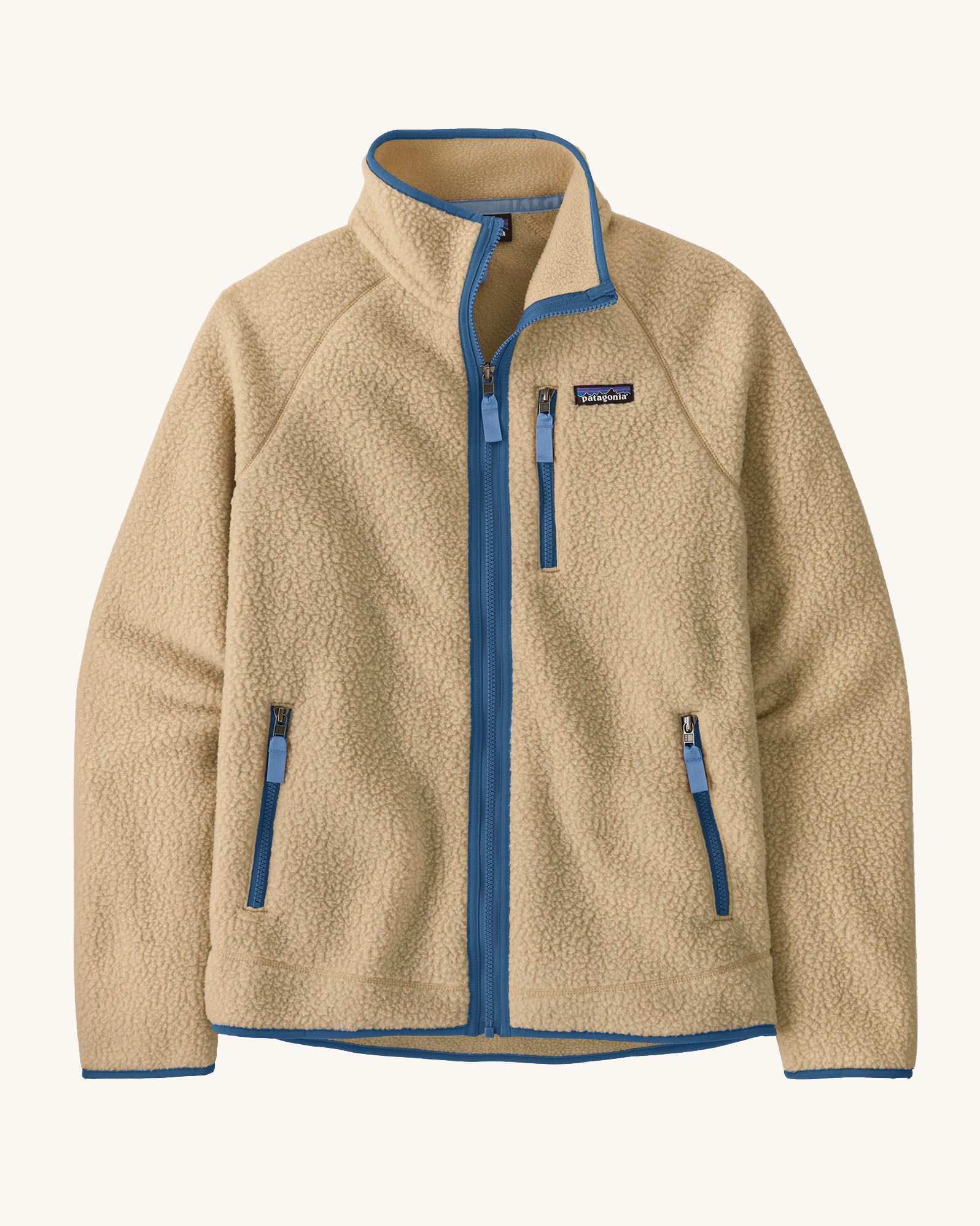Patagonia Men's thick fleece jacket in a tan colour with blue trim. Features a full length front zip, side pockets and a zipped pocket.