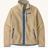 Patagonia Men's thick fleece jacket in a tan colour with blue trim. Features a full length front zip, side pockets and a zipped pocket.