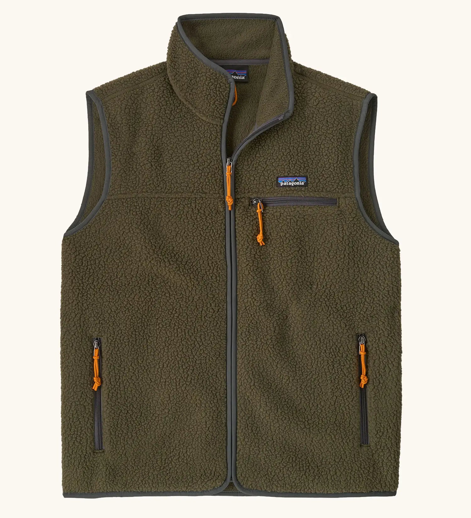 Patagonia men's retro pile vest in dark green with grey trim. A warm fleece gilet with a front zip, chest and side pockets
