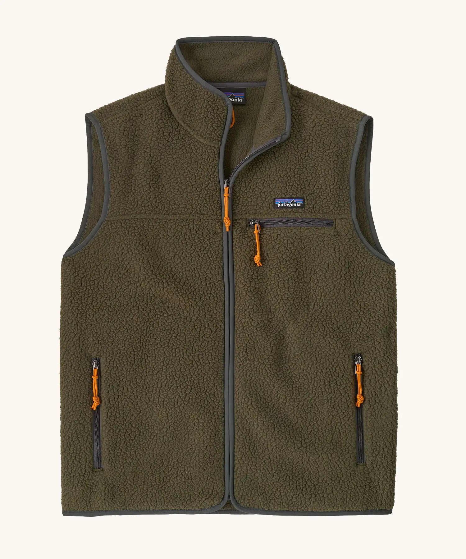 Patagonia men's retro pile vest in dark green with grey trim. A warm fleece gilet with a front zip, chest and side pockets