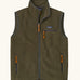 Patagonia men's retro pile vest in dark green with grey trim. A warm fleece gilet with a front zip, chest and side pockets