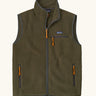 Patagonia men's retro pile vest in dark green with grey trim. A warm fleece gilet with a front zip, chest and side pockets