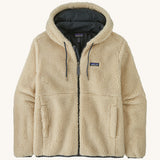 Flat lay front product shot of the Patagonia Men’s Retro-X Fleece Hoody Jacket in Dark Natural, showing the full zip, drawcord hood and zippered handwarmer pockets.