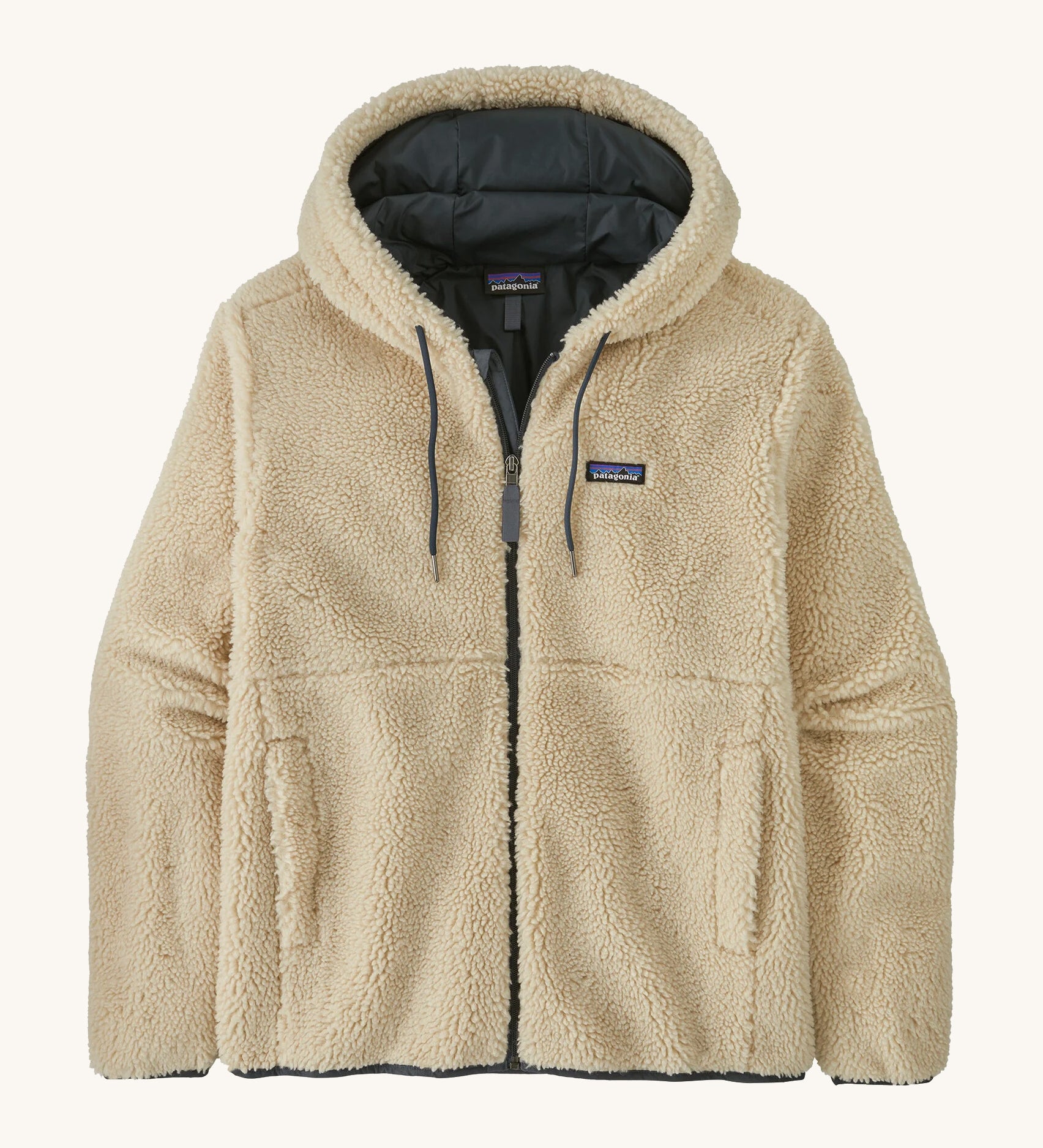 Flat lay front product shot of the Patagonia Men’s Retro-X Fleece Hoody Jacket in Dark Natural, showing the full zip, drawcord hood and zippered handwarmer pockets.