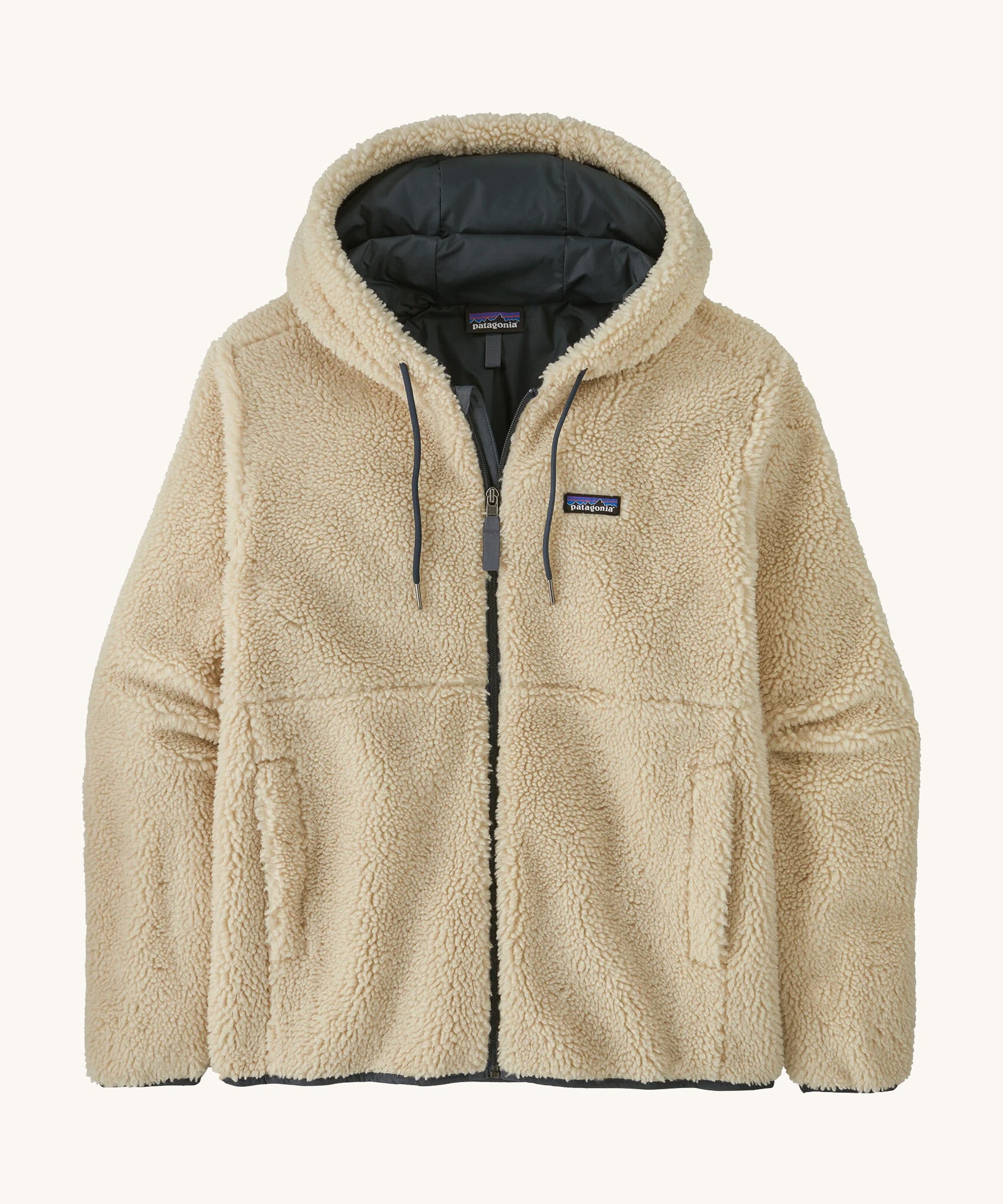 Flat lay front product shot of the Patagonia Men’s Retro-X Fleece Hoody Jacket in Dark Natural, showing the full zip, drawcord hood and zippered handwarmer pockets.