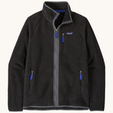 Patagonia men's retro pile fleece jacket in black/forge grey colour. A thick black fleece with grey trim. Features a full length zip and turn up collar, 2 side pockets and a chest pocket with the brand patch stitched on the chest.
