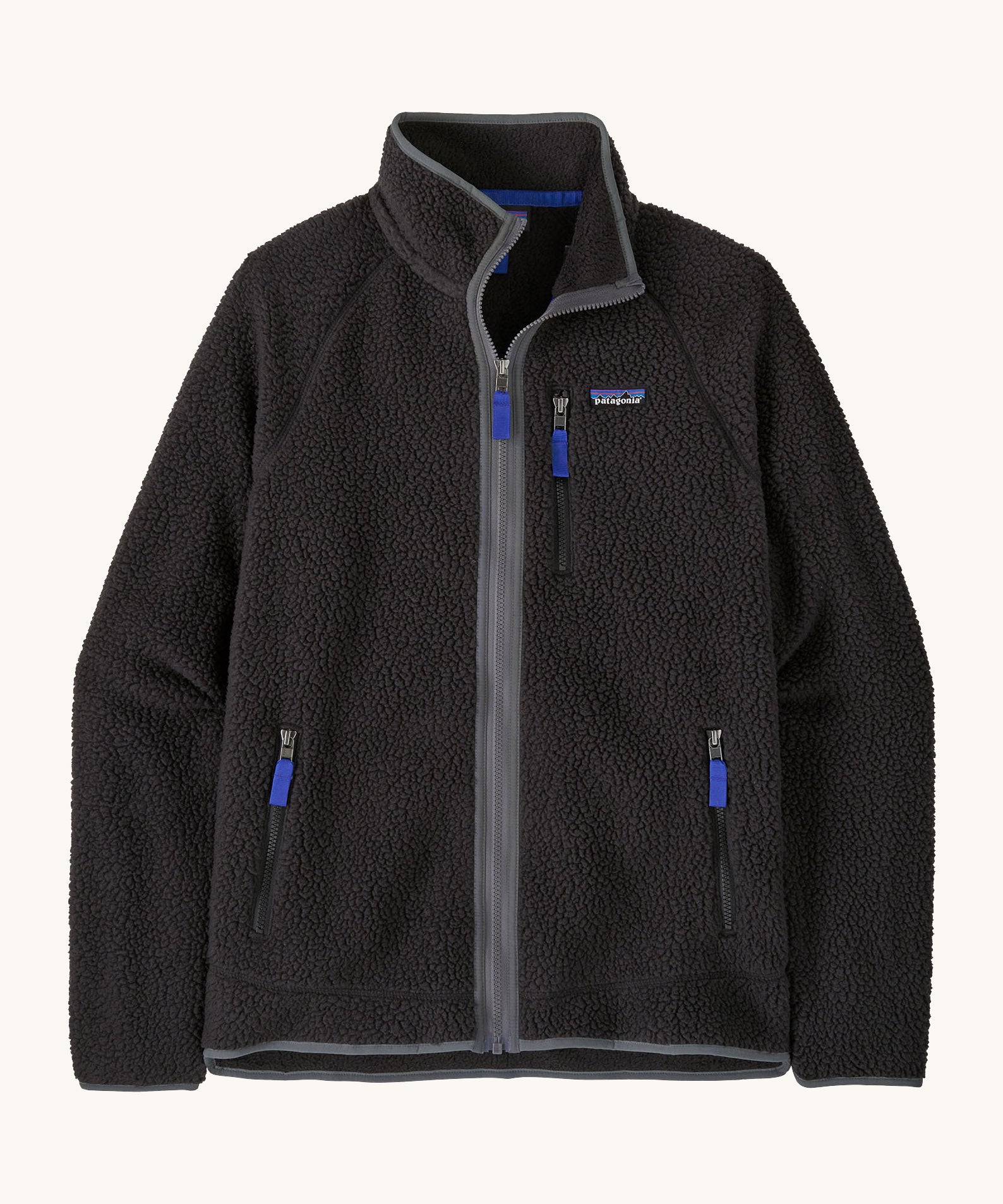 Patagonia men's retro pile fleece jacket in black/forge grey colour. A thick black fleece with grey trim. Features a full length zip and turn up collar, 2 side pockets and a chest pocket with the brand patch stitched on the chest.