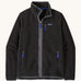 Patagonia men's retro pile fleece jacket in black/forge grey colour. A thick black fleece with grey trim. Features a full length zip and turn up collar, 2 side pockets and a chest pocket with the brand patch stitched on the chest.