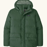Patagonia men's lightweight water repellent sisar thick down hooded jacket in canopy green. Features a full front zip and popper and pockets