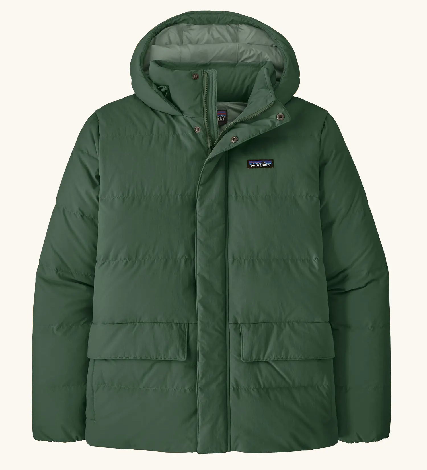 Patagonia men's lightweight water repellent sisar thick down hooded jacket in canopy green. Features a full front zip and popper and pockets