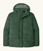 Patagonia men's lightweight water repellent sisar thick down hooded jacket in canopy green. Features a full front zip and popper and pockets