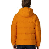 Back of Man wearing Patagonia lightweight water repellent sisar thick down jacket in orange. Coat has a relaxed fit and sits around the hips