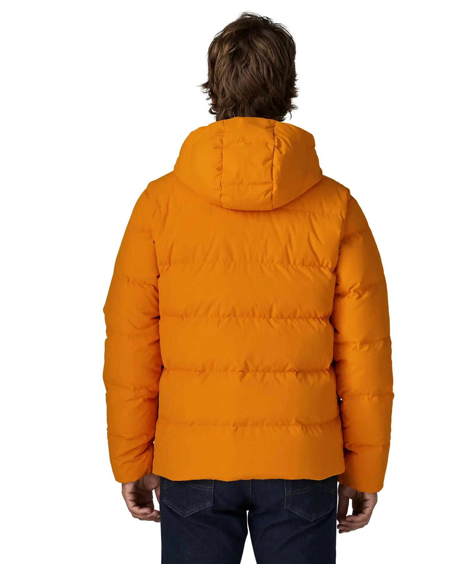 Back of Man wearing Patagonia lightweight water repellent sisar thick down jacket in orange. Coat has a relaxed fit and sits around the hips