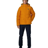 Man wearing Patagonia lightweight water repellent sisar thick down jacket in orange showing 2 front hand warmer pockets