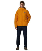 Man wearing Patagonia lightweight water repellent sisar thick down jacket in orange showing 2 front hand warmer pockets