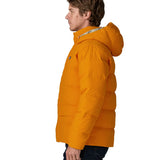 Side of man wearing Patagonia water repellent sisar thick down jacket in orange. Coat has a relaxed fir and sits at the hips
