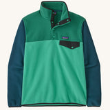 Patagonia men's recycled synchilla snap t fleece in green with blue arms. Shows a 1/4 length front popper up to the collar and a chest pocket