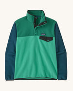 Patagonia men's recycled synchilla snap t fleece in green with blue arms. Shows a 1/4 length front popper up to the collar and a chest pocket