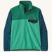 Patagonia men's recycled synchilla snap t fleece in green with blue arms. Shows a 1/4 length front popper up to the collar and a chest pocket