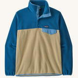 Patagonia men's recycled synchilla snap t fleece in light brown with blue arms. Shows a 1/4 length front popper up to the collar and a chest pocket
